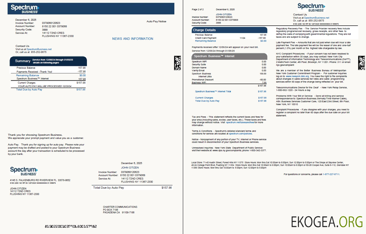 USA Spectrum Business utility bill template in Word and PDF formats, 2 pages, version 2